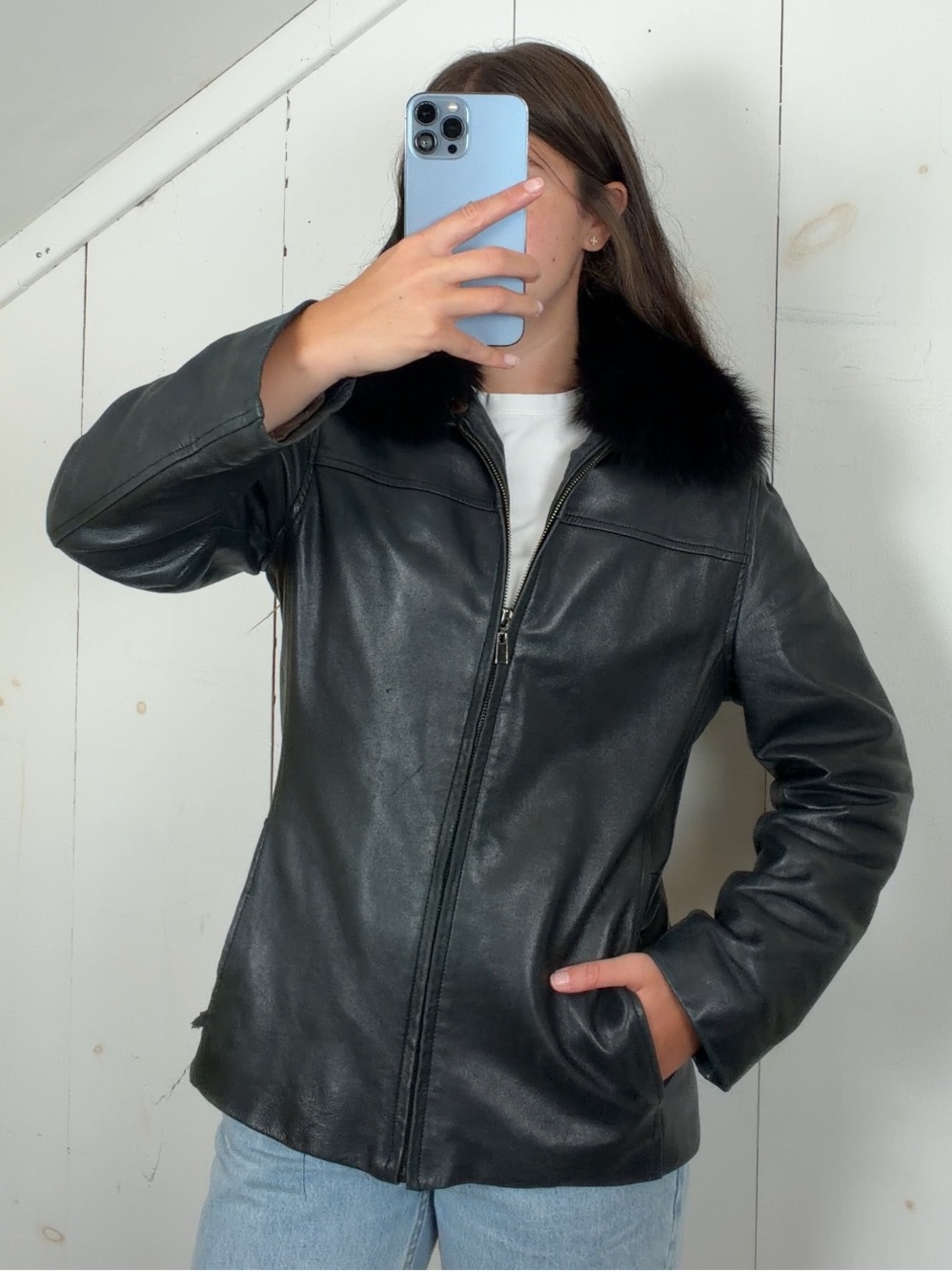 Vintage Bernardo Black Leather Full Zip Jacket Womens Small Removable Fur Collar